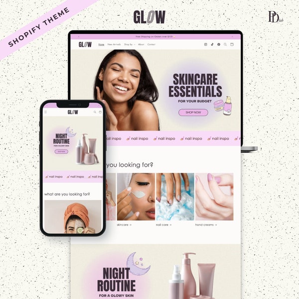 Modello di sito web di bellezza per Shopify, modello di tema Shopify per estetista per la cura della pelle, modello di sito web per capelli, unghie, benessere