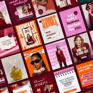 Peut inclure: Ensemble de graphiques pour les réseaux sociaux dans des tons de rouge, rose et orange. Les graphiques font la promotion de services aux entreprises, de podcasts et de l'image de marque. Le texte comprend "Services", "Podcast" et "1:1 Business Sessions".