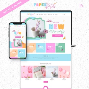 Colorful Shopify Theme Template for Digital Products, Kid's shop, Clothing in Cute Bright Design with Editable Canva Templates and Tutorial