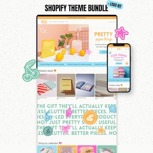 May include: A Shopify theme bundle and logo kit featuring a website layout with a desktop and mobile view. The design includes a header with the text Lovely Mess, product sections for stationery, and decorative doodle graphics like cherries and stars.