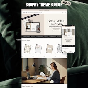 May include: A Shopify theme bundle and logo kit digital display featuring a website interface with social media templates, online course materials, and weekly deals. The layout includes a desktop view and a mobile phone view showing a clean, neutral-toned design with text headers and product listings for planners and templates.