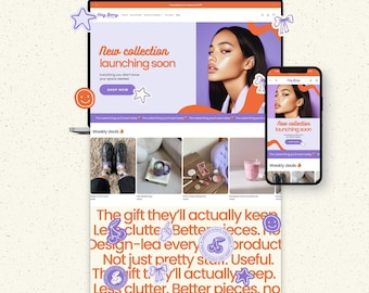 Colorful Shopify Theme, Fashion Girly Ecommerce Template, Editable Canva Logo Kit