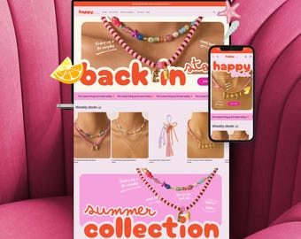 Pink Shopify Theme, Girly Jewelry Boutique Template, Editable Canva Logo Kit
