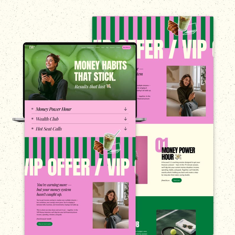 May include: A digital marketing image with a laptop displaying a website with the text "MONEY HABITS THAT STICK." The image features a woman holding a phone, with pink and green striped backgrounds and the words "VIP OFFER / VIP".