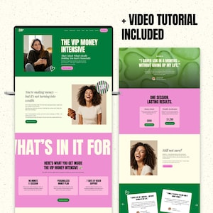 May include: A laptop screen displays a website with a green and pink color scheme. The text reads "THE VIP MONEY INTENSIVE" and "+ VIDEO TUTORIAL INCLUDED." The website features images of smiling women and financial advice.