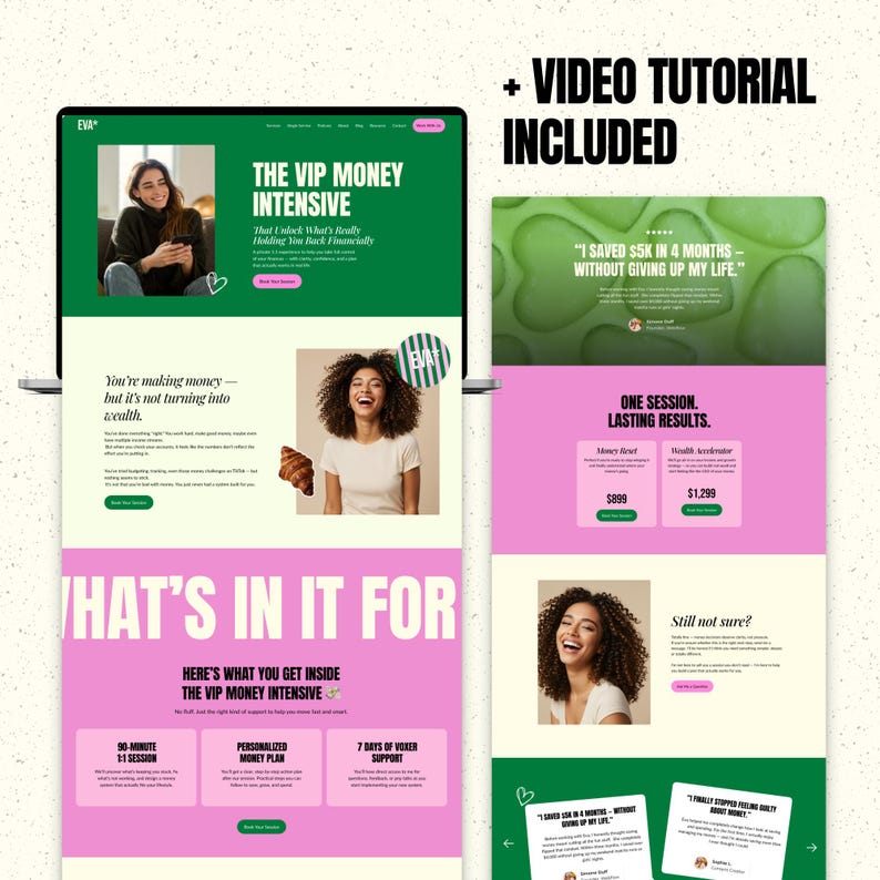 May include: A laptop screen displays a website with a green and pink color scheme. The text reads "THE VIP MONEY INTENSIVE" and "+ VIDEO TUTORIAL INCLUDED." The website features images of smiling women and financial advice.