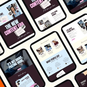 Puede incluir: M&uacute;ltiples tabletas digitales que muestran maquetas de sitios web con texto como "The New Content Era" y "It's Not About Posting More". Las tabletas tienen un esquema de color p&uacute;rpura oscuro y azul claro, con im&aacute;genes y texto.