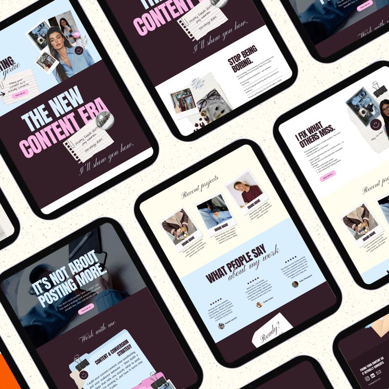 Puede incluir: M&uacute;ltiples tabletas digitales que muestran maquetas de sitios web con texto como "The New Content Era" y "It's Not About Posting More". Las tabletas tienen un esquema de color p&uacute;rpura oscuro y azul claro, con im&aacute;genes y texto.