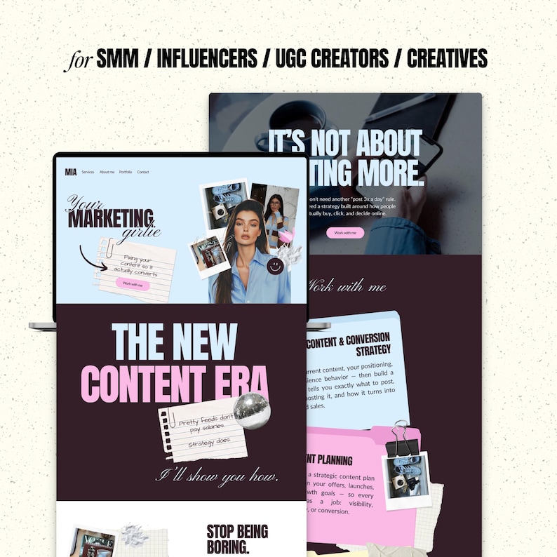 Plantilla web de Canva para creadores de contenido generado por el usuario en redes sociales / Diseño web de portafolio tipo álbum de recortes llamativo imagen 8