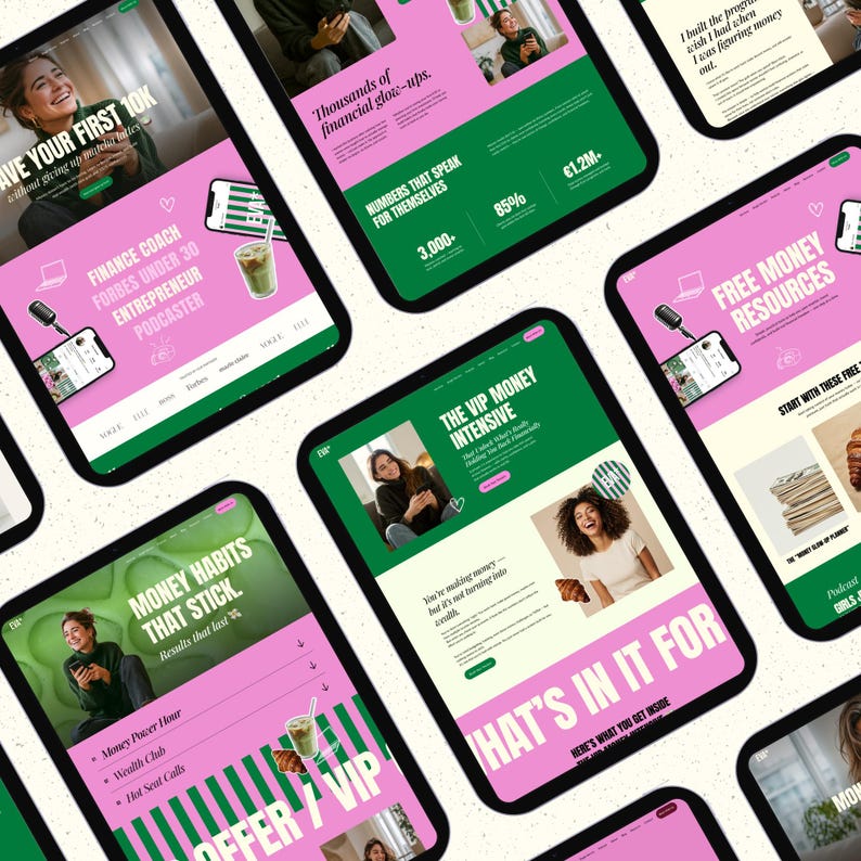 May include: A collection of tablets displaying website mockups with a pink and green color scheme. The text includes phrases like "Save Your First 10K," "Money Habits That Stick," and "The VIP Money Intensive." The overall theme is financial coaching and entrepreneurship.
