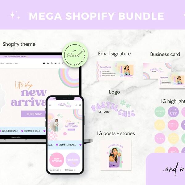 Mega Shopify Theme Bundle with Canva Templates and Branding Kit, Pink Shopify Designs Retro Website for Feminine Clothing Cosmetics Business