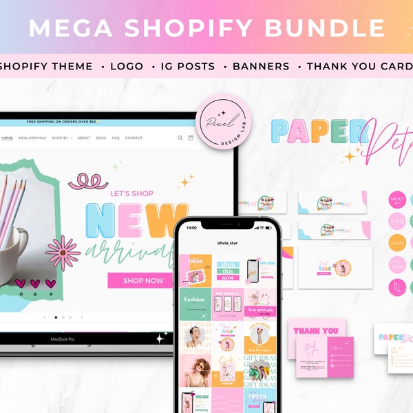 Colorful Rainbow Shopify Bundle Template with Branding Kit Canva Templates, Shopify Theme Bundle, Bright Instagram Canva Templates
