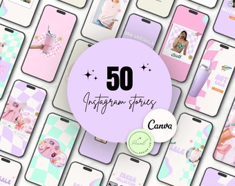 50 Instagram Stories Templates in Canva Retro Pastel Groovy - IG Posts Template Ecommerce - Colorful Purple Instagram Stories for Business
