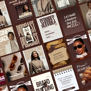 Puede incluir: Un collage de materiales de marketing en tonos marrones y beige. Las imágenes incluyen texto como "Servicios", "Podcast", "Negocios" y "Acerca de mí". Otros textos incluyen "Boss Babe Co", "Let's build a business that feels like YOU" y "Discipline pays better than inspiration".