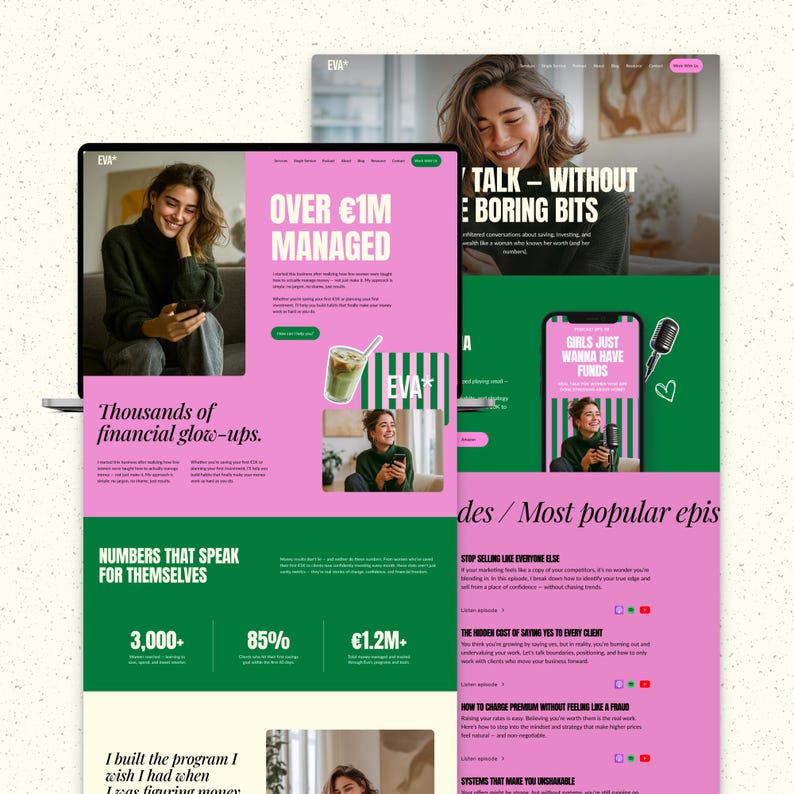 May include: A website design with a pink and green color scheme. The site features the text "OVER &euro;1M MANAGED" and "TALK - WITHOUT BORING BITS". The site also includes the text "GIRLS JUST WANNA HAVE FUNDS".