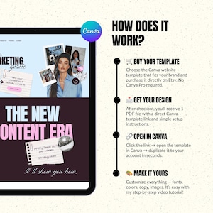 Puede incluir: Gr&aacute;fico de marketing digital con el logotipo de Canva. La imagen incluye una pantalla de port&aacute;til que muestra una plantilla de sitio web y el texto "THE NEW CONTENT ERA". Tambi&eacute;n se incluyen instrucciones sobre c&oacute;mo usar la plantilla.