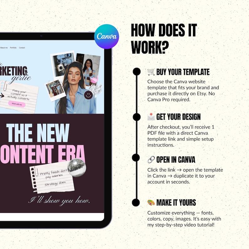 Puede incluir: Gr&aacute;fico de marketing digital con el logotipo de Canva. La imagen incluye una pantalla de port&aacute;til que muestra una plantilla de sitio web y el texto "THE NEW CONTENT ERA". Tambi&eacute;n se incluyen instrucciones sobre c&oacute;mo usar la plantilla.