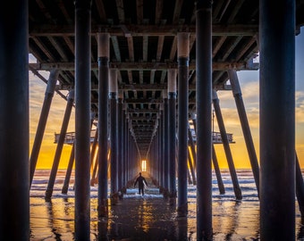 California's Iconic Pismo Beach Pier at Sunset with Surfer | Beach Photography Wall Art Print/Canvas/Acrylic/Metal  Home, Office Fine Art