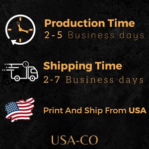Puede incluir: Un gr&aacute;fico con un reloj, un cami&oacute;n de reparto y una bandera de Estados Unidos. El texto dice "Production Time 2-5 Business days", "Shipping Time 2-7 Business days", "Print And Ship From USA" y "USA-CO".
