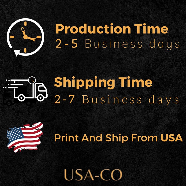 Puede incluir: Un gr&aacute;fico con un reloj, un cami&oacute;n de reparto y una bandera de Estados Unidos. El texto dice "Production Time 2-5 Business days", "Shipping Time 2-7 Business days", "Print And Ship From USA" y "USA-CO".