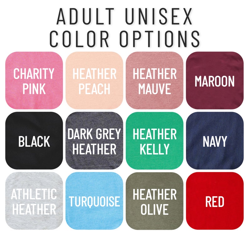 Puede incluir: Un gr&aacute;fico que muestra 12 opciones de color diferentes para ropa unisex para adultos. Los colores incluyen rosa caridad, melocot&oacute;n jaspeado, malva jaspeado, granate, negro, gris jaspeado oscuro, verde jaspeado, azul marino, gris jaspeado atl&eacute;tico, turquesa, oliva jaspeado y rojo.