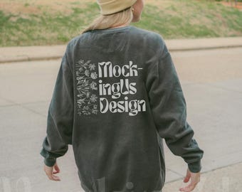 Comfort Colors 1566 Pepper Mockup | Pepper Sweatshirt Mock Up | Oversized Crewneck Gray Sweater | Outdoor Lifestyle Streetwear Grunge Mock