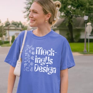Periwinkle Comfort Colors 1717 Mockup, Front of C1717 Periwinkle Shirt Mock, Oversized Tshirt Mock-ups, Trendy Outdoor Lifestyle Blue Shirt