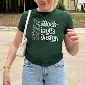 Forest Green Baby Tee Mockup, Forest Gildan 5000B T Shirt Mock, Crop Top Mock Up, Youth G500 Front Mock, Y2K Trendy Outdoor Lifestyle Mock