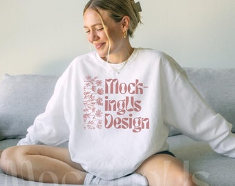 White Comfort Colors Sweatshirt Mockup | White 1566 Mockup | White Crewneck Mock-up | C1566 White Mock | Simple Mock Real Model