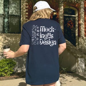 Gildan 64000 Navy Soft Style T-Shirt Mockup – Oversized Back View, Real Model Outdoor Lifestyle