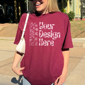 Gildan 5000 Maroon Mockup: Real Person, Front View, G5000 Maroon Tee, Outdoor Lifestyle