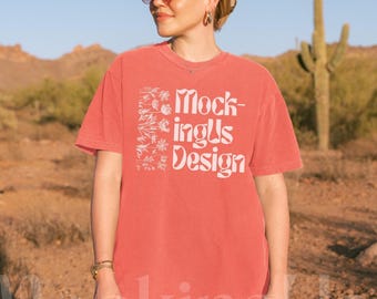 Comfort Colors 1717 Bright Salmon T-Shirt Mockup – Oversized Fit, Real Person, Desert Boho