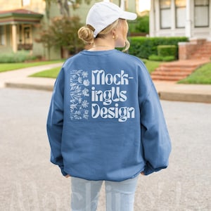 Gildan 18000 Indigo Blue Mockup, Indigo Sweatshirt Back Mock-up, Gildan Outdoor Lifestyle Mocks, Real G180 Mock Up, Oversized Trendy