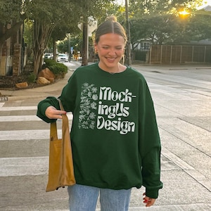Forest Green Gildan 18000 Mockup, Green Crewneck Mock, Front of Oversized Sweatshirt, Forest Green Gildan, Outdoor Lifestyle Streetwear
