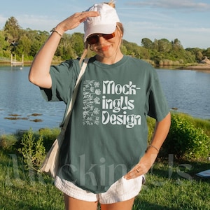 Comfort Colors C1717 Blue Spruce Outdoor Mockup, Blue Spruce 1717 Coastal Mock Up, Blue Spruce Tshirt Mock-up Real Model Fisherman Aesthetic