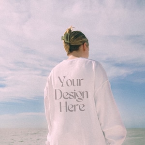 Gildan 18000 Mockup White Beach Mockup Words on Back Summer Mockup Oversized Sweatshirt Outdoor Retro Aesthetic Mock
