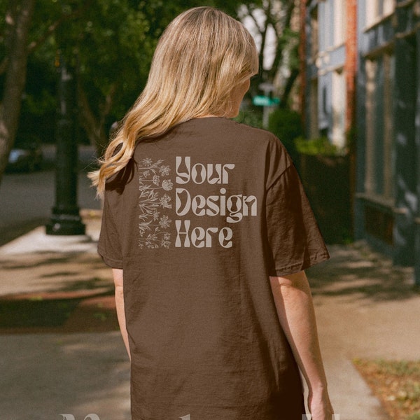 Gildan 5000 Dark Chocolate, Brown Tshirt Mockup, Oversized G500 Shirt Mock-up, Back of Tee, Outdoor Lifestyle Mockups, Streetwear Mocks