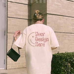Comfort Colors C1717 Ivory Mockup, Back of 1717 Ivory T-Shirt, Ivory Tshirt Oversized, Streetwear Y2K Mockups, Outdoor Lifestyle Aesthetic