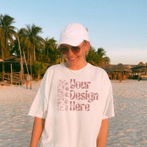 Comfort Colors C1717 White Mockup, Oversized 1717 White T-Shirt Mock, Summer Beach Mockups, Trendy Aesthetic, White Comfort Colors Tshirt