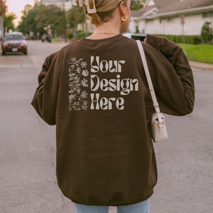 Gildan 18000 Dark Chocolate Mockup, Chocolate Brown Crewneck Lifestyle Mock Up, Brown Sweater City Mock, Retro Mockup Dark Chocolate Gildan