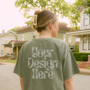 Comfort Colors Mockup | Moss Shirt Comfort Colors C1717 | Back of Oversized T-Shirt Mock | Summer Outdoor Mockup | Neutral Trendy Mock Up