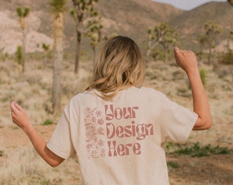 Comfort Colors C1717 Ivory Tshirt Mockup, Back of Oversized 1717 Ivory Comfort Colors, Desert Boho Vibes, Outdoor Lifestyle Mock