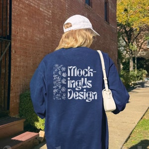 True Navy Comfort Colors 1566 Mockup | C1566 True Navy Front | Navy Comfort Colors Oversized Crewneck | Outdoor Lifestyle Mockups Real Model