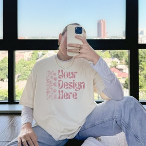 Comfort Colors C1717 Ivory T-Shirt Mockup, Ivory Shirt Mock-Up, Mirror Selfie Streetwear Mock, Front of Tshirt, Oversized Trendy Aesthetic