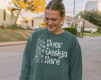 Comfort Colors 1566 Blue Spruce Mockup | Teal Sweatshirt Front | Oversized Crewneck Sweater | Outdoor Lifestyle Streetwear Mockups Y2K