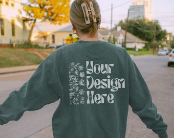 Comfort Colors 1566 Blue Spruce Mockup | Sweatshirt Mock Up | Oversized Crewneck Sweater | Outdoor Lifestyle Streetwear Mockups Y2K Trendy