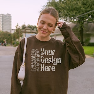 Gildan 18000 Sweatshirt Mockup, Chocolate Brown Crewneck Mock, Fall Mockups, Y2K Aesthetic, Outdoor Lifestyle Mockups, Front of Pullover