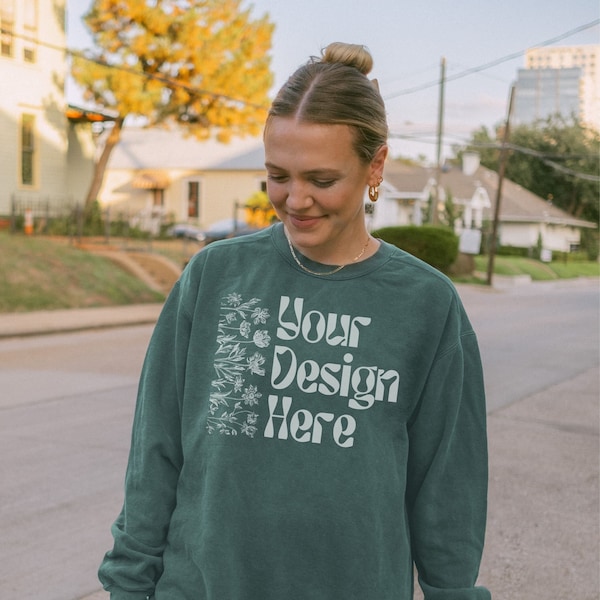 Comfort Colors 1566 Blue Spruce Mockup | Teal Sweatshirt Front | Oversized Crewneck Sweater | Outdoor Lifestyle Streetwear Mockups Y2K