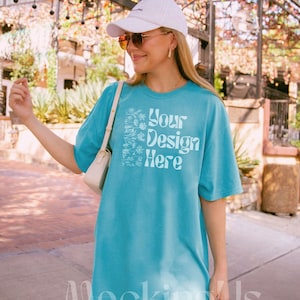 Comfort Colors C1717 Lagoon Blue Mockup, Blue Tshirt, Front of Shirt, Oversized Mock, Outdoor Lifestyle, Streetwear Mockups, Colored Shirt