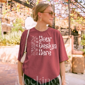 Comfort Colors C1717 Crimson Mockup, Crimson Shirt Mock-up, Front of 1717 Oversized Tshirt, Outdoor Lifestyle Mocks, Streetwear Mockups